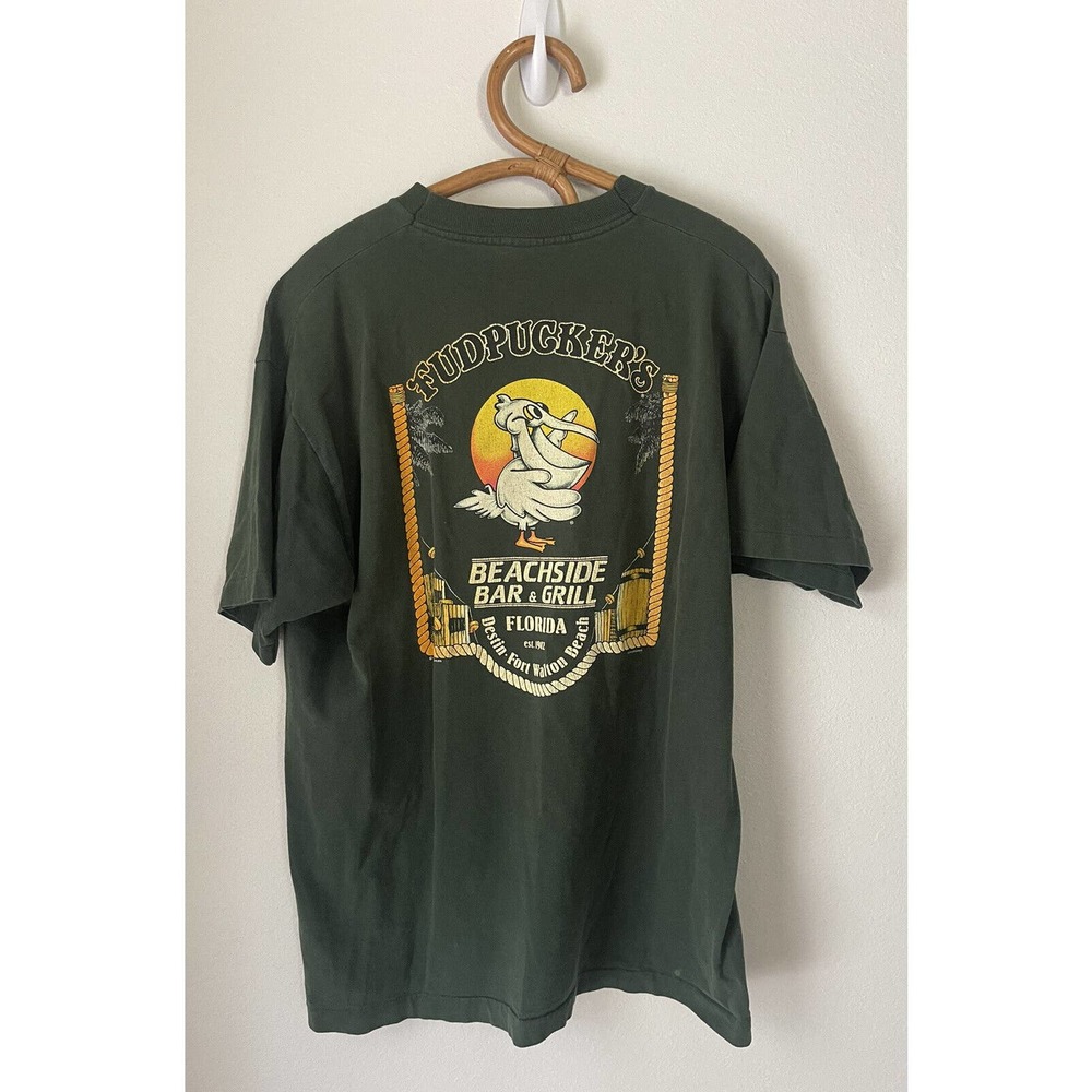 Vintage 1982 Fudpucker's Size XL Single-Stitch Green Graphic T-Shirt Destin, FL